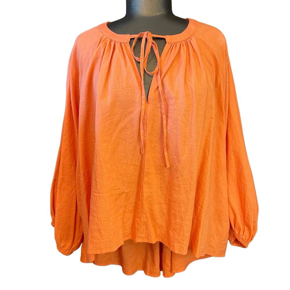 A New Day Hi Lo Orange Solid Tie Round Neck Woven Linen/Rayon Blouse Women M